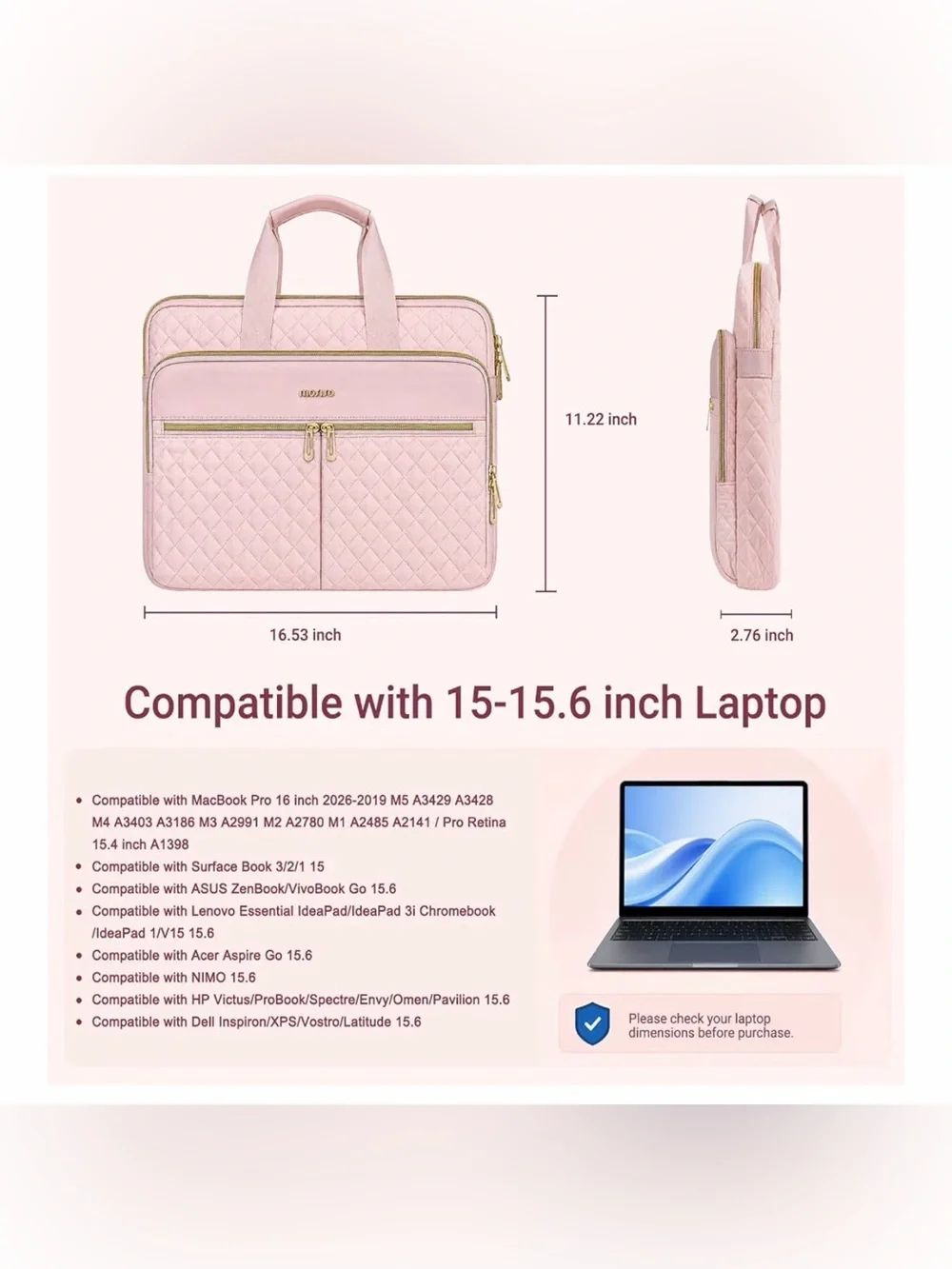 Quilted Pink Laptop Tote Bag
